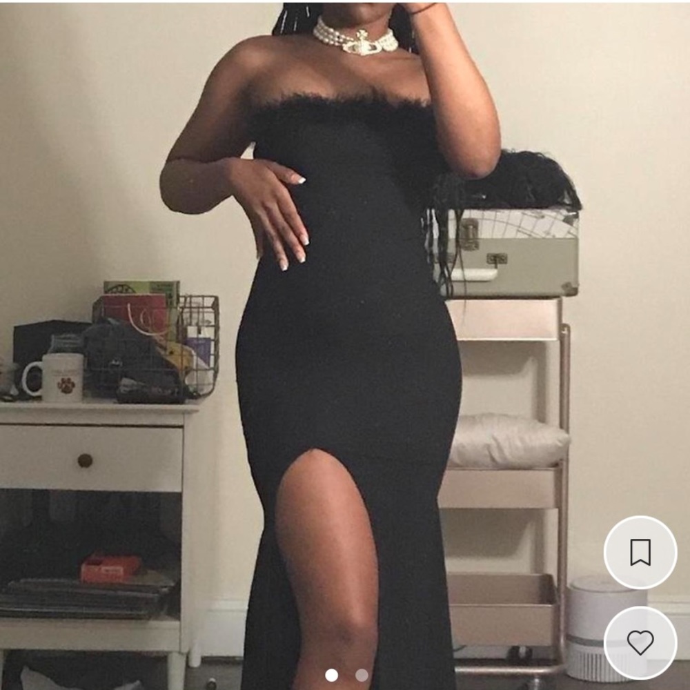 Feather trim evening gown